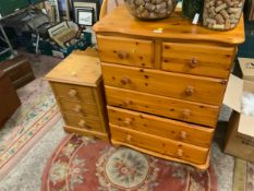 A modern honey pine, five drawer chest together with a bedside chest