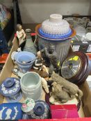 A tray of ceramics and collectables to include Wedgwood, a rumptopf, Bosuns whistle etc