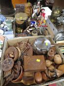 Two trays of assorted treen and various souvenir dolls etc