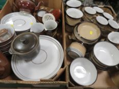 Four trays of assorted ceramics to include Johnson Bros. tea and dinnerware etc.
