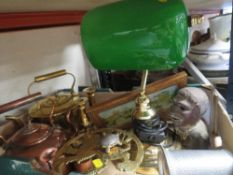 A tray of assorted metal ware etc to include brass and copper kettles plus a bankers lamp