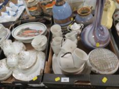 Two trays of ceramics and glassware to include Portmeirion fish plates, Denby vase, and Royal