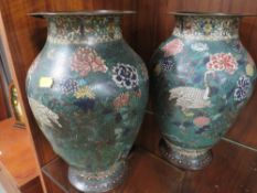 A pair of large vintage Oriental cloisonné vases -approx height 34cm, A/F, one vase detached from