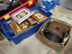 A large crate of assorted picture frames, prints, hand painted tiles etc. and a box of 78's records