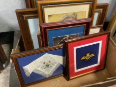 A tray of assorted pictures and prints to include military needlework examples Admiral Nelson