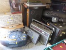 A collection of assorted records, cd's and radios etc., together with a pair of speakers