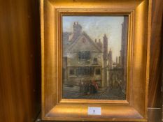 A 19th century unsigned oil on canvas of an old Nottingham Street with a tavern and figures