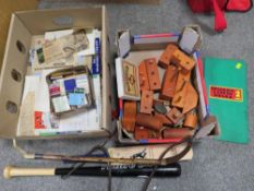 Two trays of collectables and ephemera to include a hallmarked silver collared hunting whip, a