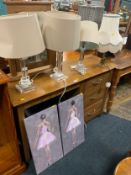 Four assorted table lamps together with a pair of modern canvas ballerina prints