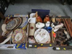 Three trays of assorted ceramics and treen to include two unusual golfing theme vases, Royal