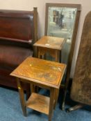 An oak cheval mirror together with an oak plant stand and occasional table