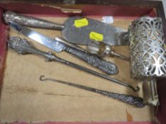 Silver and white metal items to include button hooks and a perfume bottle
