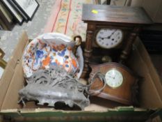 A box of clocks, vintage Art Nouveau vase etc