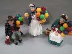 Three Royal Doulton Balloon figurines comprising Balloon Man, Balloon Woman and Biddy Penny Farthing