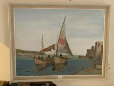 Cornish School - An oil on board depicting fishing boats and figures 60 x 80 cm