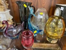 A collection of assorted glassware to include a Whitefriars water jug / pitcher, a Whitefriars