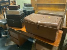 Vintage tin trunk together with four vintage deed /cash boxes