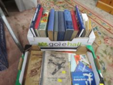 A tray of assorted vintage books etc together with a tray of vintage stamps and ephemera