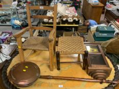 A small wicker seat child’s chair together with a wicker stool a warming pan and a clock
