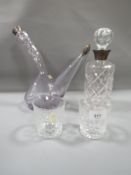 A hallmarked silver decanter, and glasses together with a lilac etched glass wine pourer with