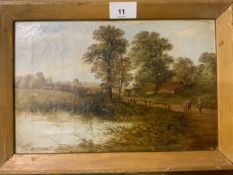 A 19th century oil on canvas depicting a farmer and cow signed lower left possibly Wayland