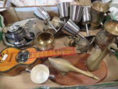 A Tray of assorted metal ware to include silver plated tankards
