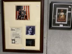 Six assorted framed memorabilia pictures to include John Lennon, Beatles, Elvis, Jimi Hendrix,