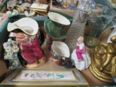A tray of ceramics etc to include Royal Worcester figurine, character jug etc