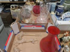 Two trays of assorted glassware to include a Royal Brierley glass vase etc