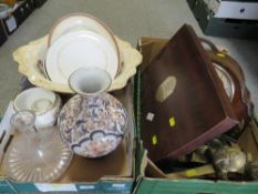 Two trays of sundries to include canteen of cutlery (unchecked), clocks, ceramic vase etc