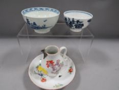 A small quantity of antique ceramics to include blue/white tea bowl with crescent back stamp