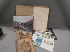 A tray of collectables to include a sheet of pre 1940 Tanna Tuva stamps, a copy of the Old English