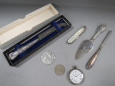 A small bag of hallmarked silver and white metal to include silver handled cake knife