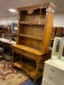 A honey pine carved open kitchen dresser W 114 cm