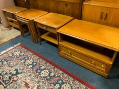 A retro nest of tables together with a TV unit, side table and a magazine rack plus a retro stool