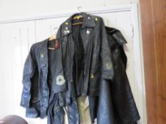 Three vintage leather jackets together with a ladies two piece suit