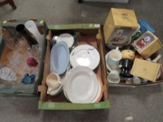 Three trays of ceramics and glass