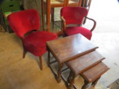 Two vintage chairs and a solid oak nest of three tables