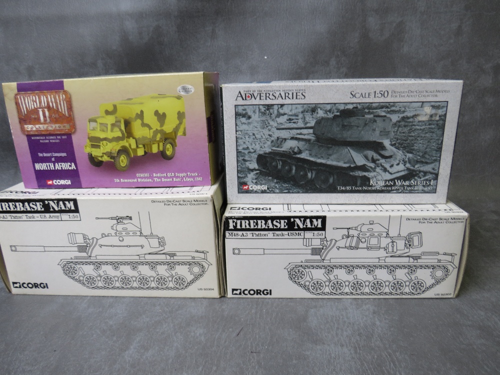 FOUR BOXED CORGI MILITARY VEHICLES, to include Firebase NAM M48-A3Patton tank 1:50 scale x 2, WW2