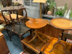 A reproduction mahogany leather top wine table together with a similar pedestal table and an