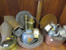 A selection of assorted metal ware to include a large copper pan with cast iron handles