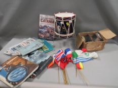 A box of military interest, to include a gas mask, original WW2 booklets etc