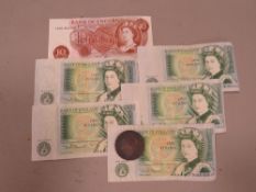 Five £1 notes, One 10 shilling note, 1797 Penny