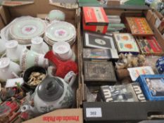 Three trays of assorted collectables etc to include part Royal Stafford teaset, Cinebar ware vase,