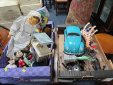 Two trays of assorted toys and dolls etc