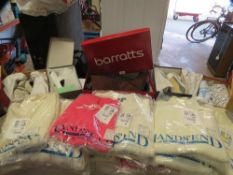 A selection of 5 pairs of boxed as new footwear and wrapped cardigans and jumpers