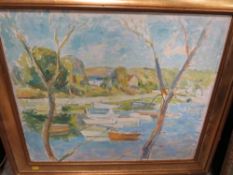 A GILT FRAMED IMPRESSIONIST RIVER SCENE, 49 X 59 CM