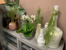 A collection of modern show home vases, flowers, ornaments, etc.
