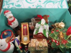 A small box of Christmas decorations together with a tray of Christmas ceramics (2)
