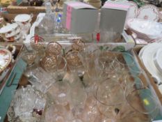 Two trays of assorted glassware to include boxed Stuart Crystal glasses